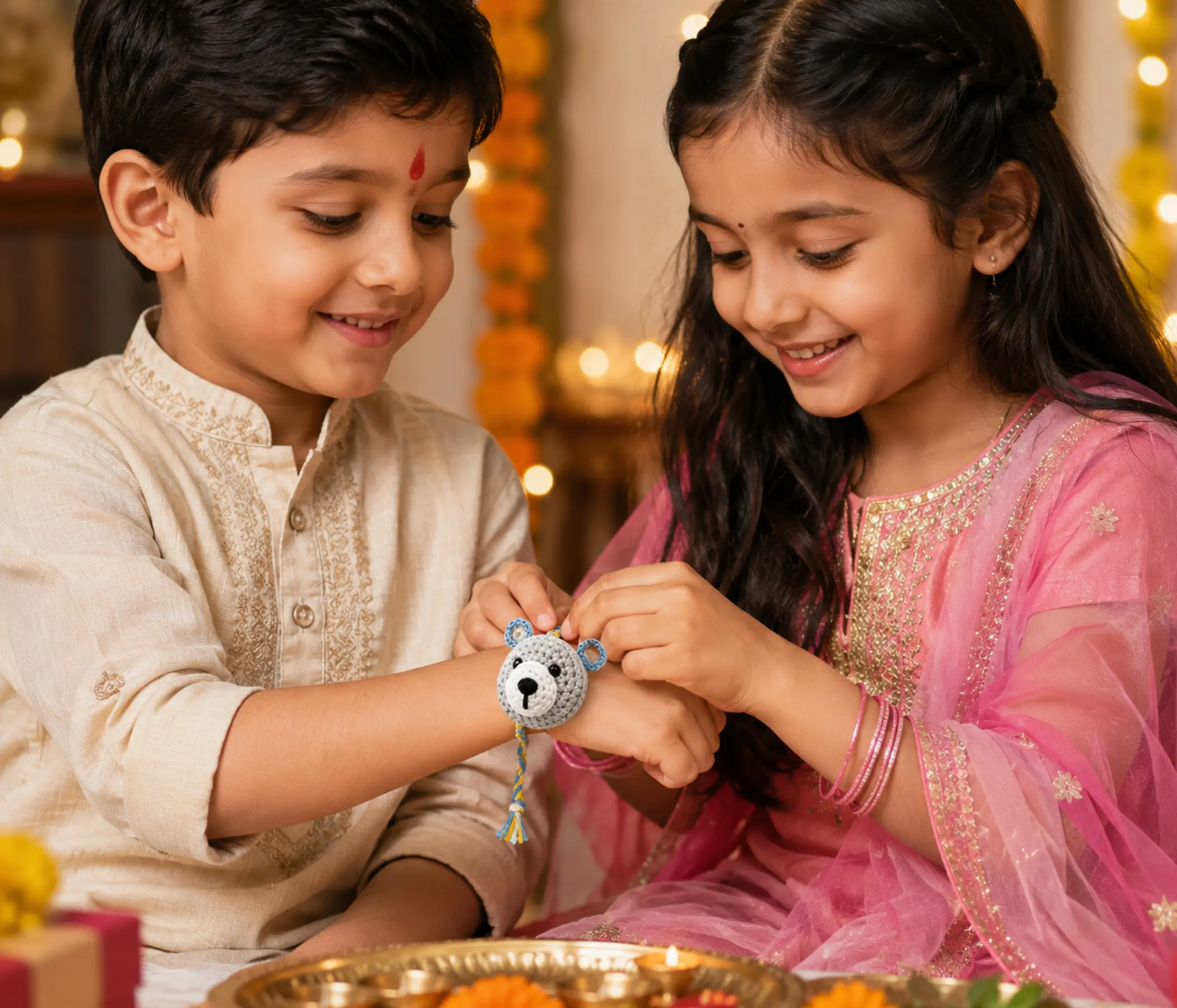 Adorable Grey Plush Bear Handcrafted Kids Crochet Rakhi
